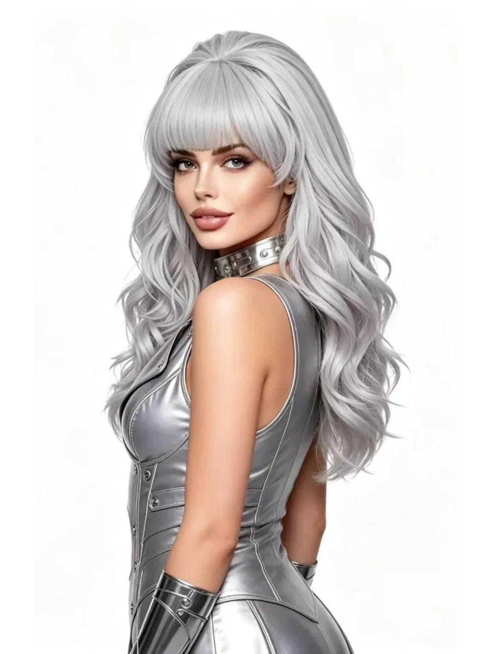 Women's Silver Heat Resistant Synthetic Fiber Retro Long Wavy Wigs Bangs
